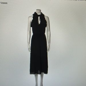 Black Zimmerman ruffle neck silk midi dress with tie waist